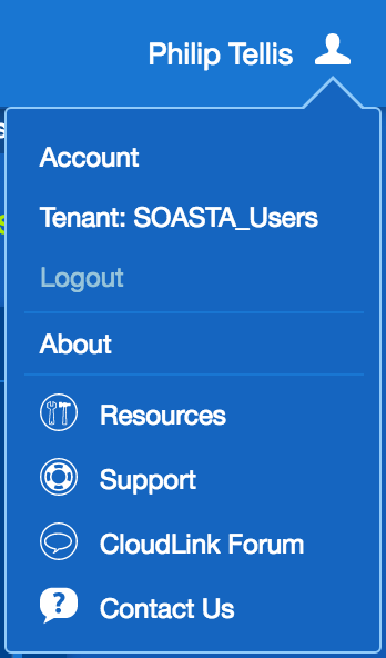 mPulse User Menu showing Account, Tenant, Logout, About, Resources, Support, CloudLink Forum, and Contact Us links